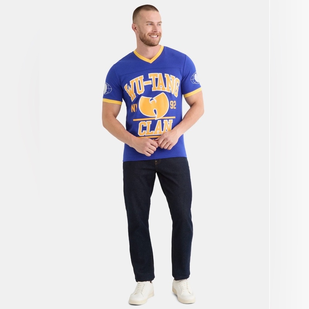 Men’s Wu-Tang Blue and Yellow Football Jersey Style Graphic Shirt - Picture 2 of 5